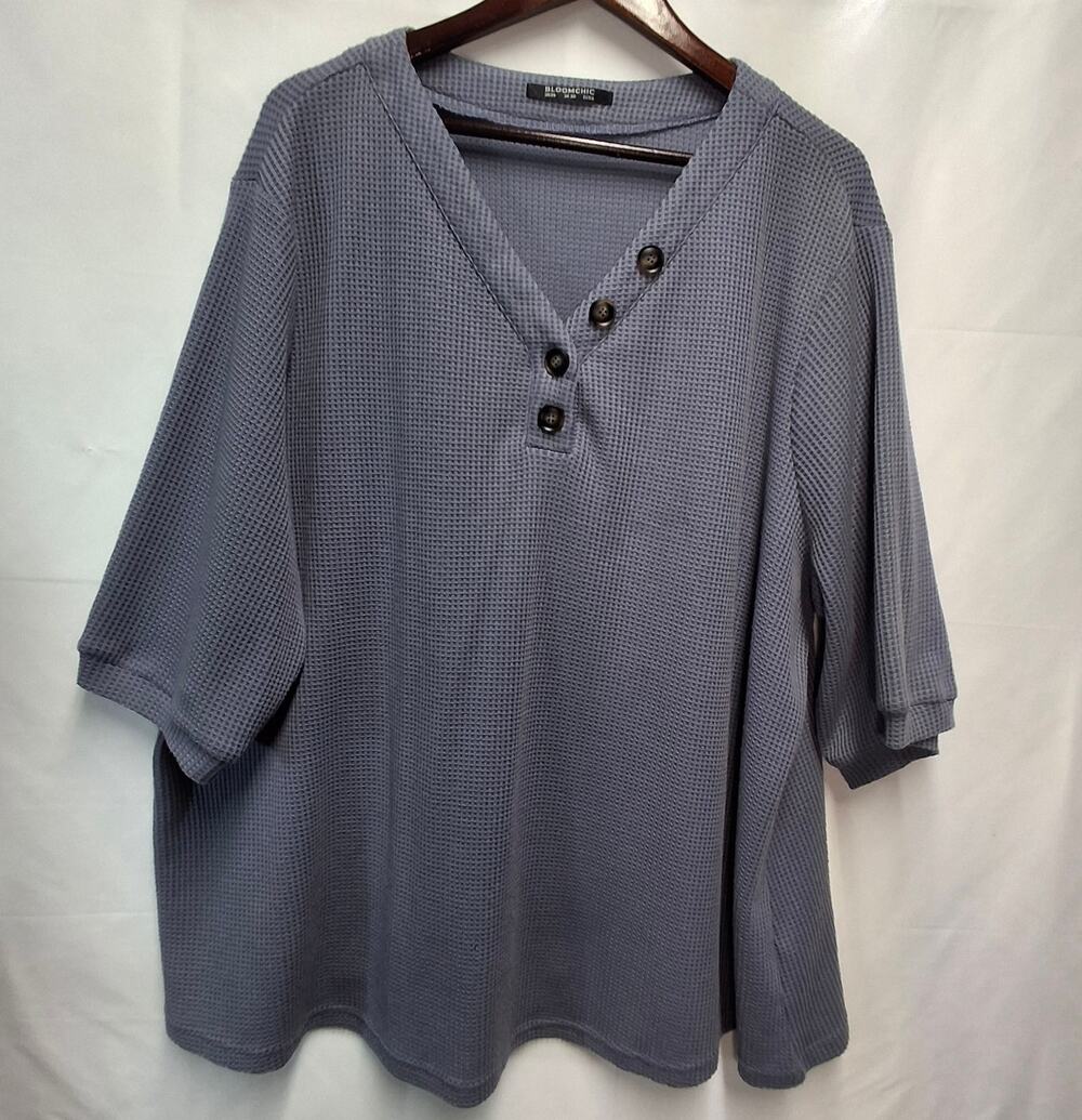 BLOOMCHIC Plus Size Waffle Knit Henley Button Top Elbow Sleeve Blue Gray 26